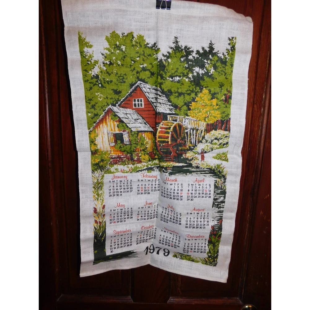 Vintage Stevens Linen Tea Towel Calendar 1979 Mill Original Box